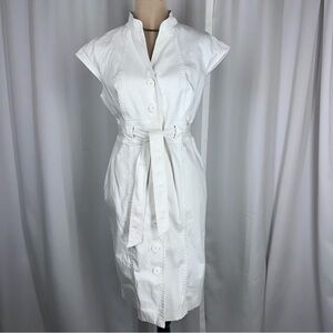 Calvin Klein White Shirt Dress Sz S? Midi Belted Button Front Cap Sleeve READ